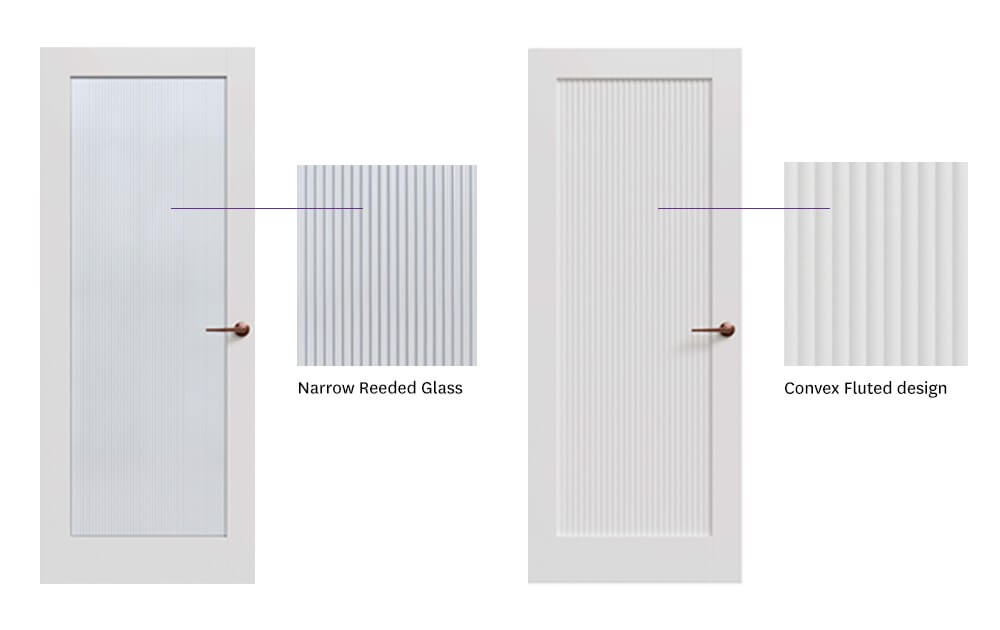 Corinthian Doors mockup showing Narrow Reeded Glass and Convex Fluted design glass